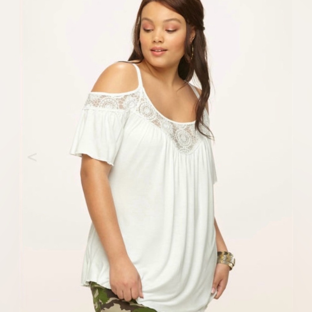 Avenue Loralette White Cold Shoulder Lace Trim Top 3X